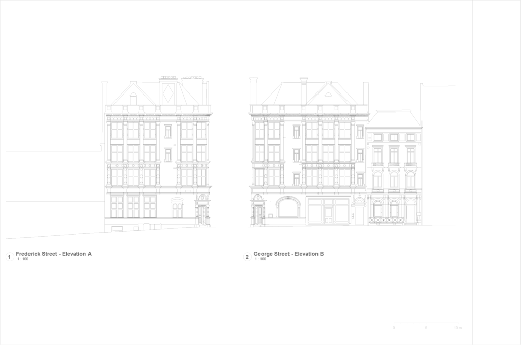 Architectural drawings of two city buildings' facades.