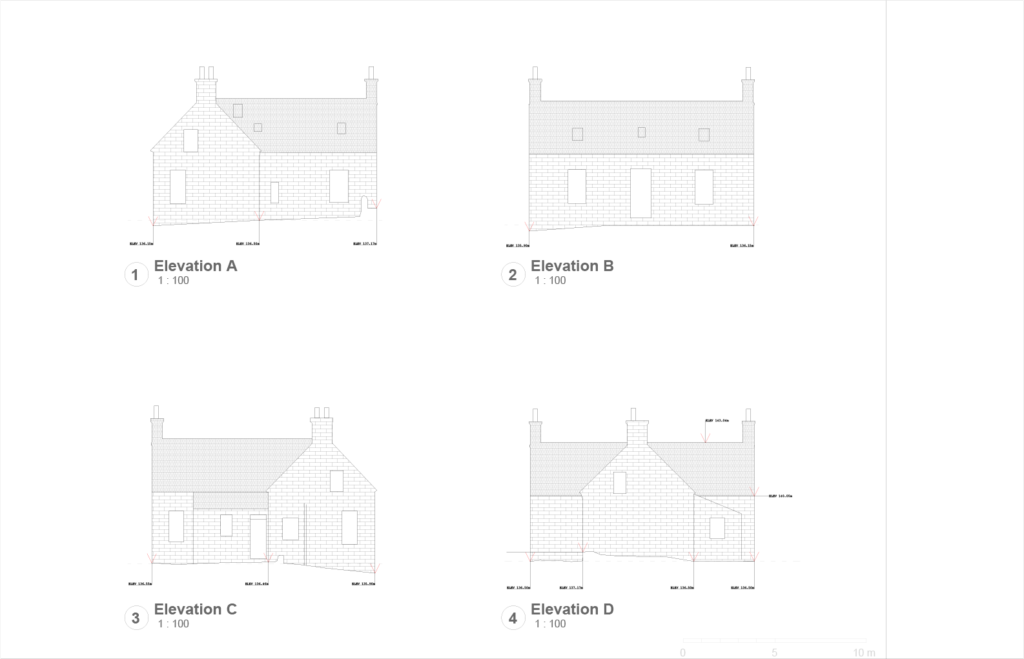 Architectural elevations A, B, C, D of a house.